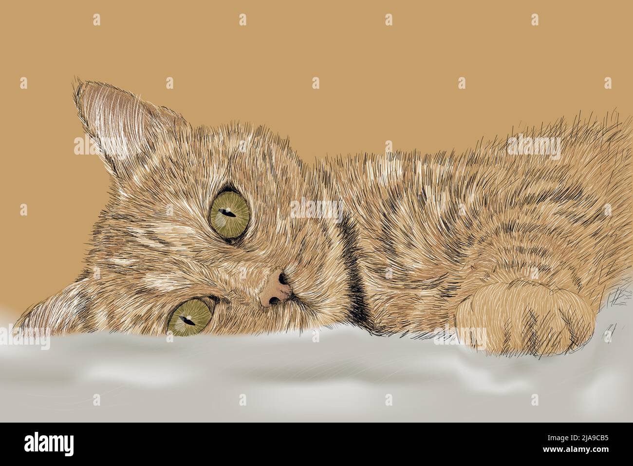 Un joli petit chat ludique repose sur un tissu blanc. Illustration de Vecteur