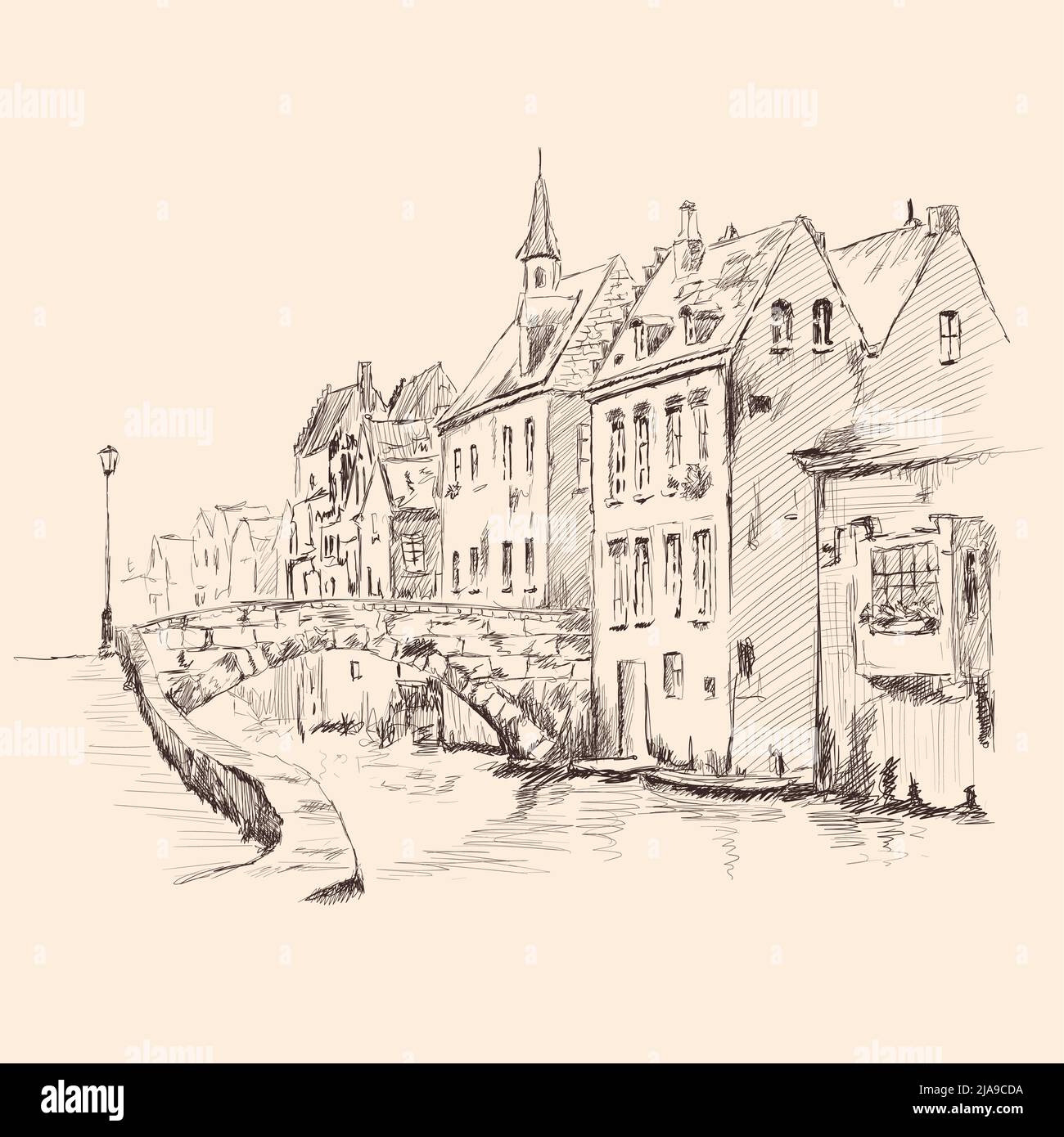 Paysage de la vieille ville de Venise. Bâtiments anciens, un canal d'eau. Esquisse crayon. Illustration de Vecteur