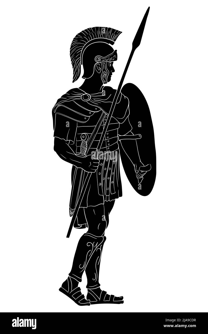 Ancien guerrier romain avec une lance et un bouclier dans ses mains est debout et regardant loin. Illustration vectorielle isolée sur fond blanc. Illustration de Vecteur