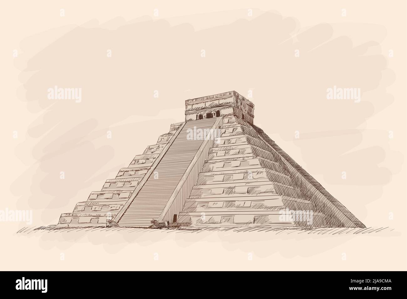Pyramide en pierre Aztec avec marches. Dessinez au crayon sur un arrière-plan beige. Illustration de Vecteur