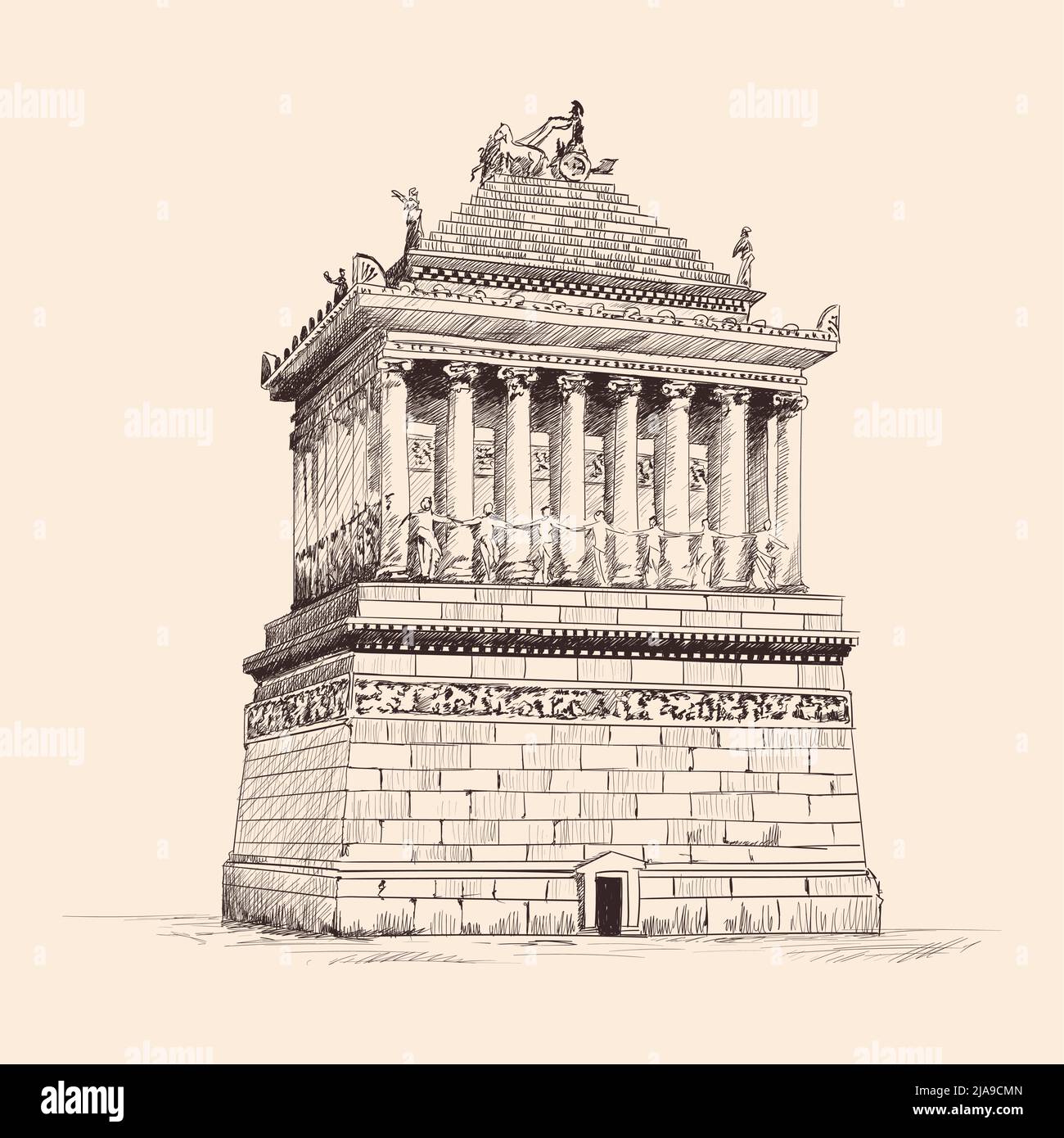Mausolée avec colonnes en Halicarnassus. Dessinez au crayon sur un arrière-plan beige. Illustration de Vecteur