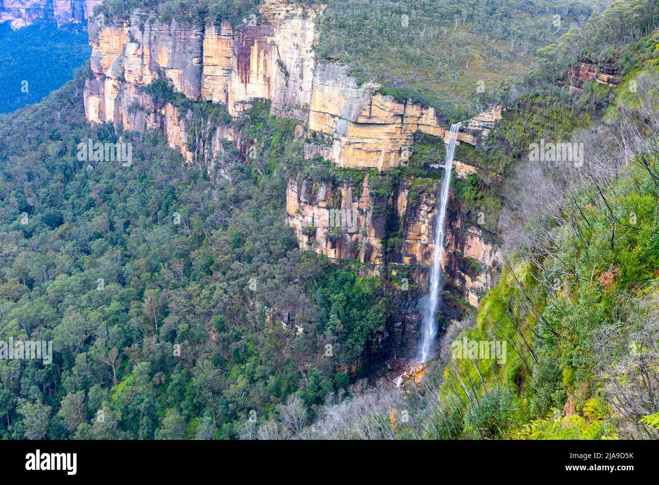 La vallée de la Grose et Govetts sautent en cascade dans le parc national des Blue Mountains, en Nouvelle-Galles du Sud, en Australie en automne Banque D'Images