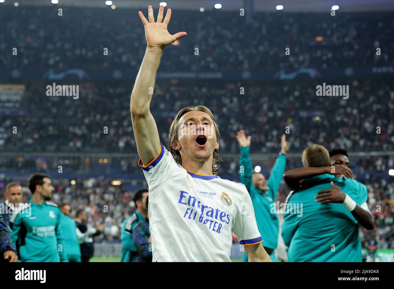 Luka Modric du Real Madrid célèbre à la fin du match de football final de la Ligue des Champions 2021/2022 entre Liverpool et le Real Madrid au Stade de Banque D'Images
