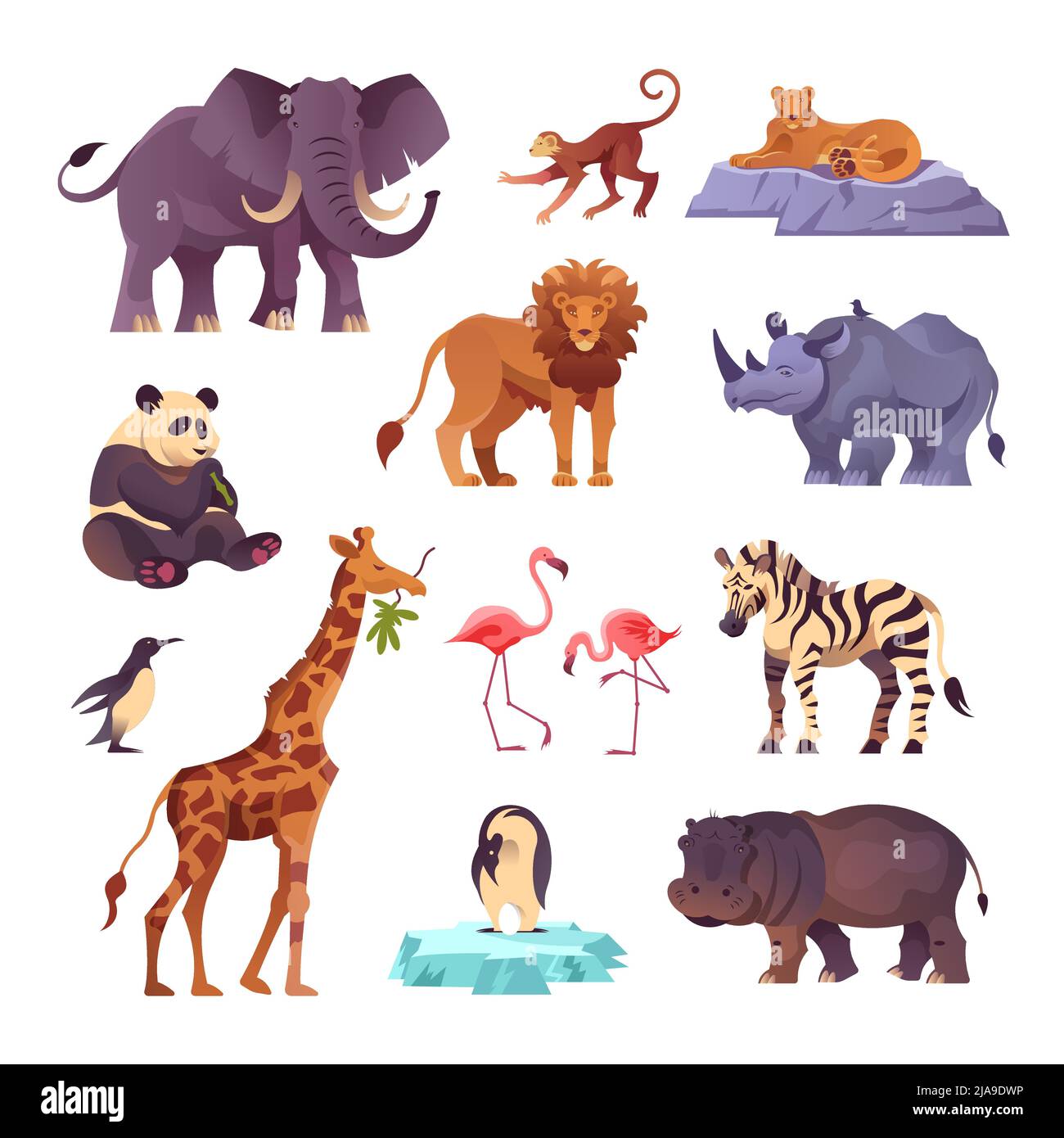 Ensemble d'animaux provenant de différents continents de la planète recueillis dans l'illustration du vecteur plat du zoo Illustration de Vecteur