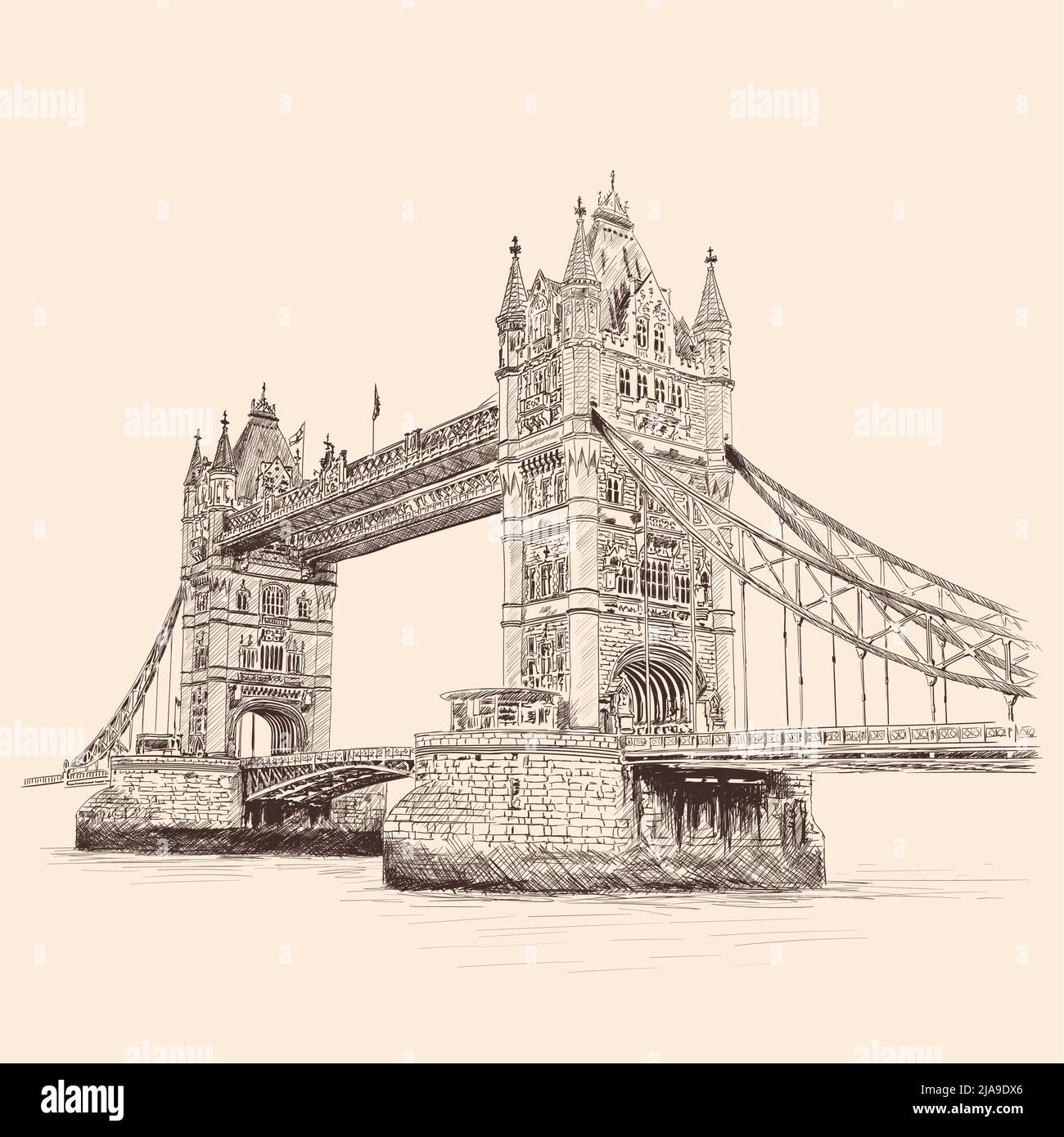 Tower Bridge à Londres, face à la Tamise. Dessinez au crayon sur un arrière-plan beige. Illustration de Vecteur