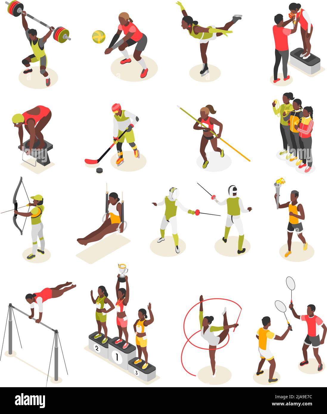 International SPORTday isométrique recolor ensemble de personnages humains isolés des athlètes qui exécutent avec l'illustration vectorielle d'équipement de sport Illustration de Vecteur