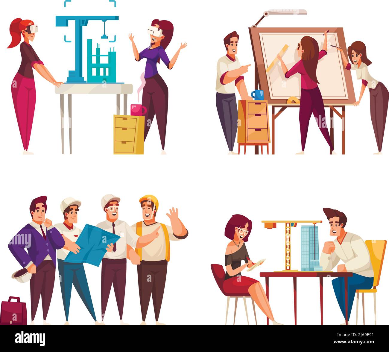 Architecte profession 2x2 design concept ensemble de personnes travaillant dans le bureau et extérieur dessin animé vecteur illustration Illustration de Vecteur