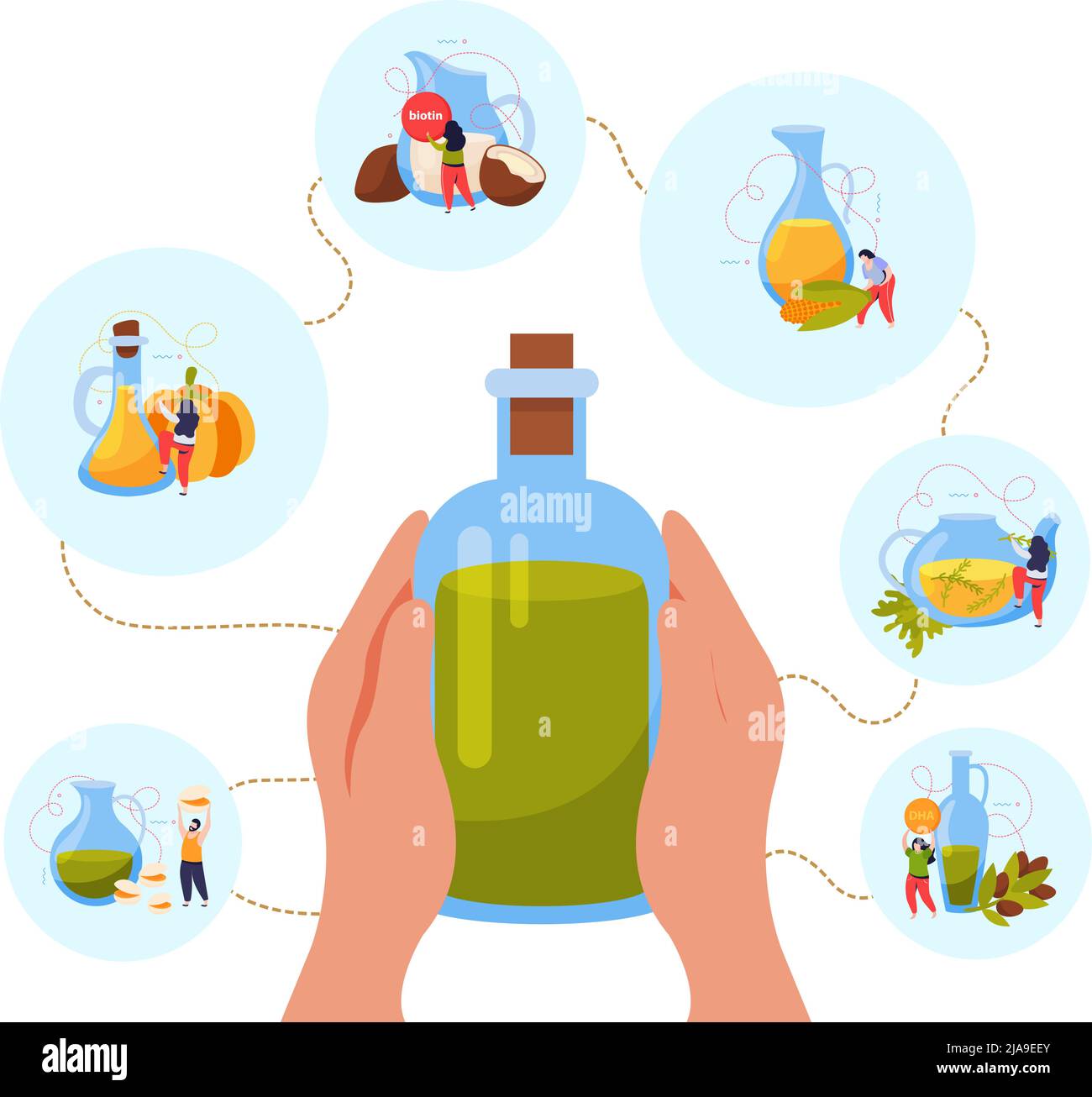 Huiles alimentaires fond plat avec les mains humaines tenant bouteille d'huile avec des compositions rondes d'ingrédients illustration vectorielle Illustration de Vecteur