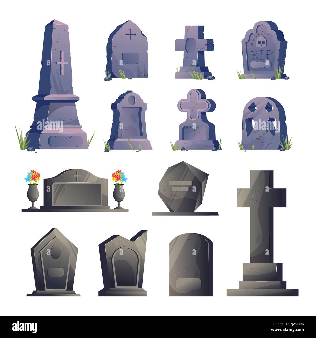 Cimetière pierre tombale ensemble de pierres tombales vieux et nouveau dans différentes tailles et couleurs avec des lits de fleurs illustration vectorielle Illustration de Vecteur