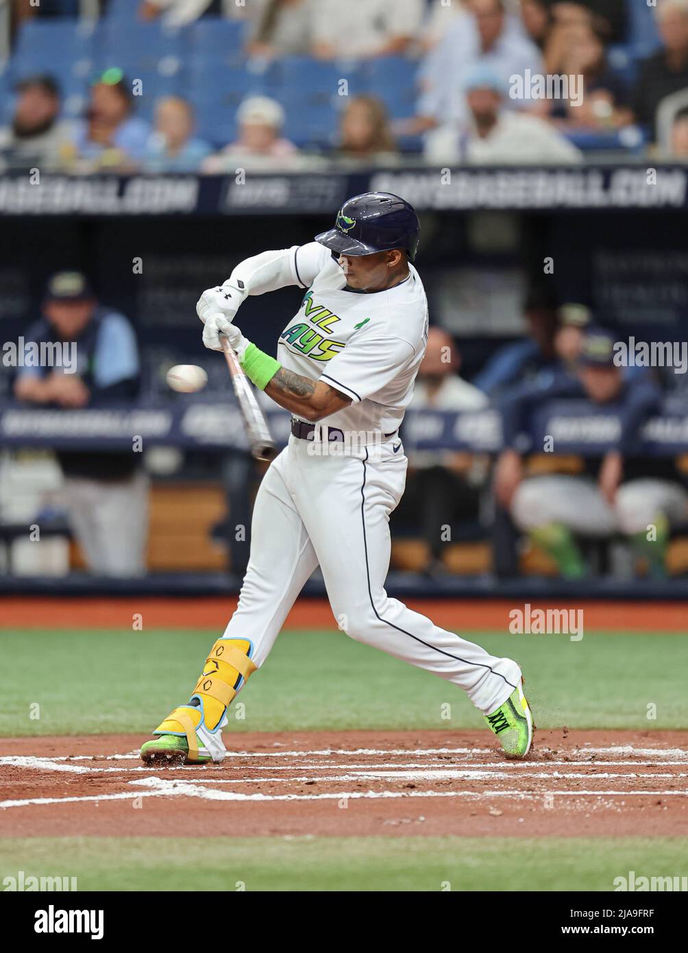 Saint-Pétersbourg, Floride. USA; Tampa Bay shortRays stop Wander Franco (5) se déroule sur un terrain lors d'un match de base-ball de ligue majeure contre les New York Yankee Banque D'Images