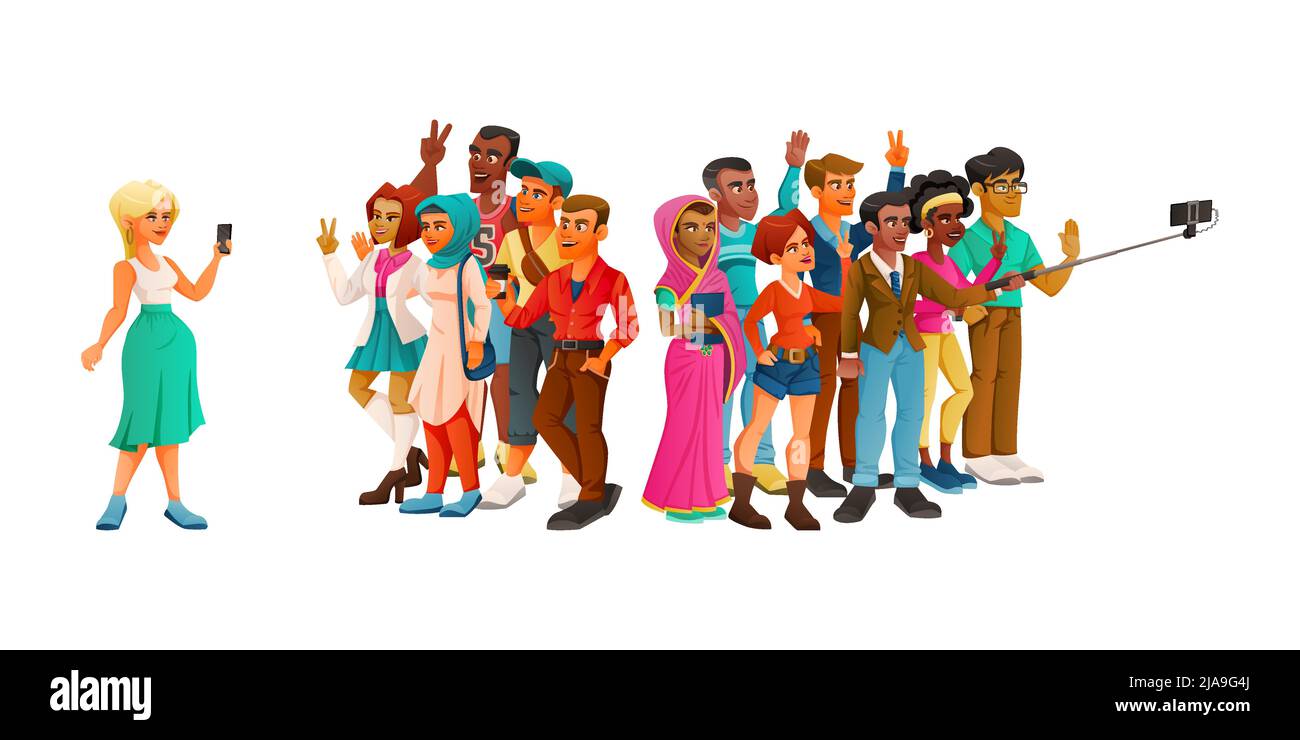 Personnages de dessin animé diversité composition avec des groupes de personnes agitant les mains prenant des photos avec l'illustration vectorielle de bâton de selfie Illustration de Vecteur