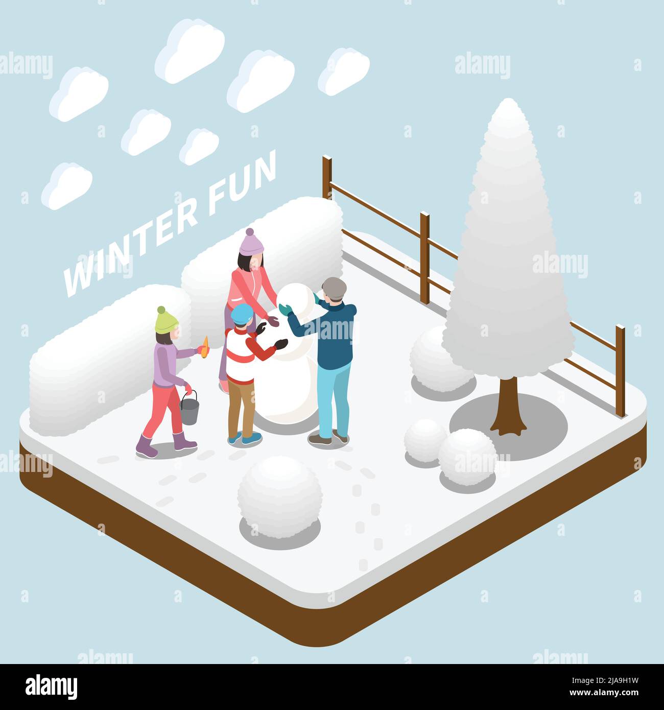 Famille avec deux enfants faisant bonhomme de neige pendant les vacances d'hiver Isométrique 3D illustration vectorielle Illustration de Vecteur