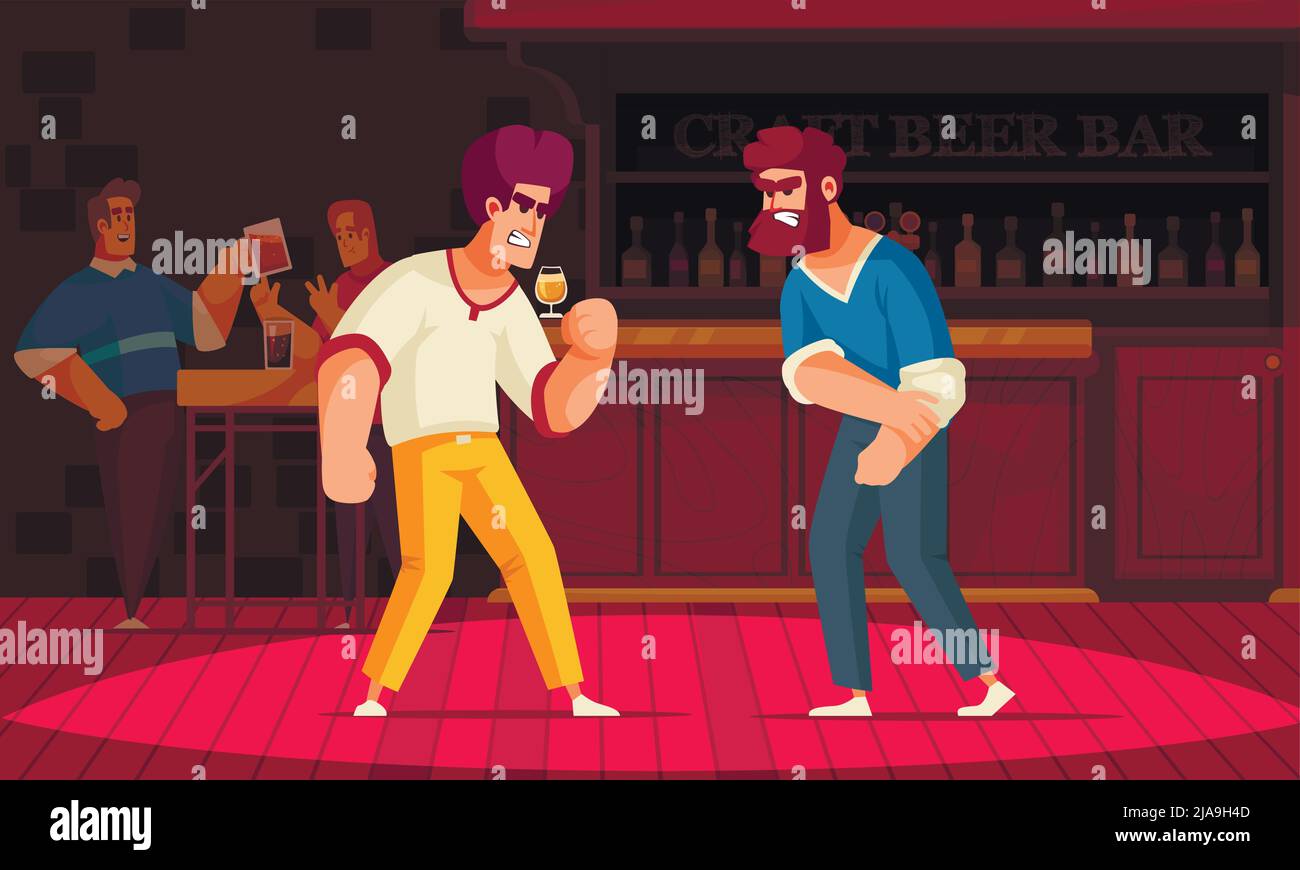 Composition de personnes conflictuelles avec décor intérieur de pub avec des personnages d'hommes en colère avec illustration vectorielle de stand de bar Illustration de Vecteur