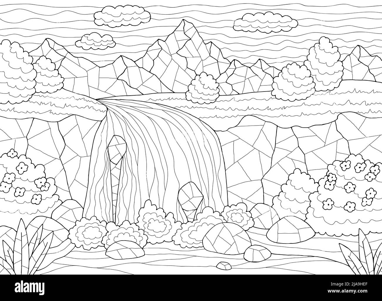 Cascade colorante rivière graphique noir blanc paysage dessin illustration vecteur Illustration de Vecteur