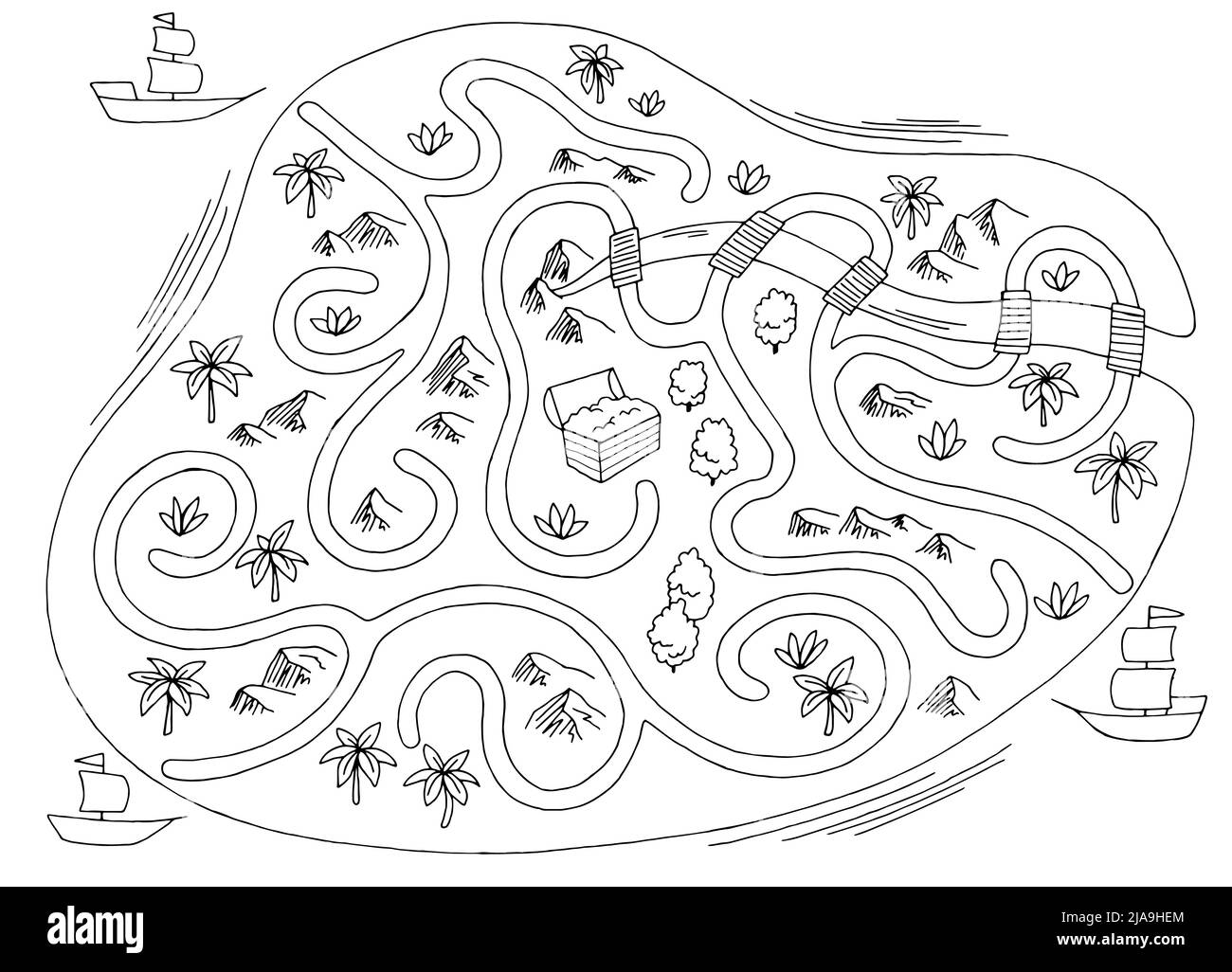 Trésor labyrinthe graphique noir blanc esquisse dessus vue aérienne vecteur d'illustration Illustration de Vecteur