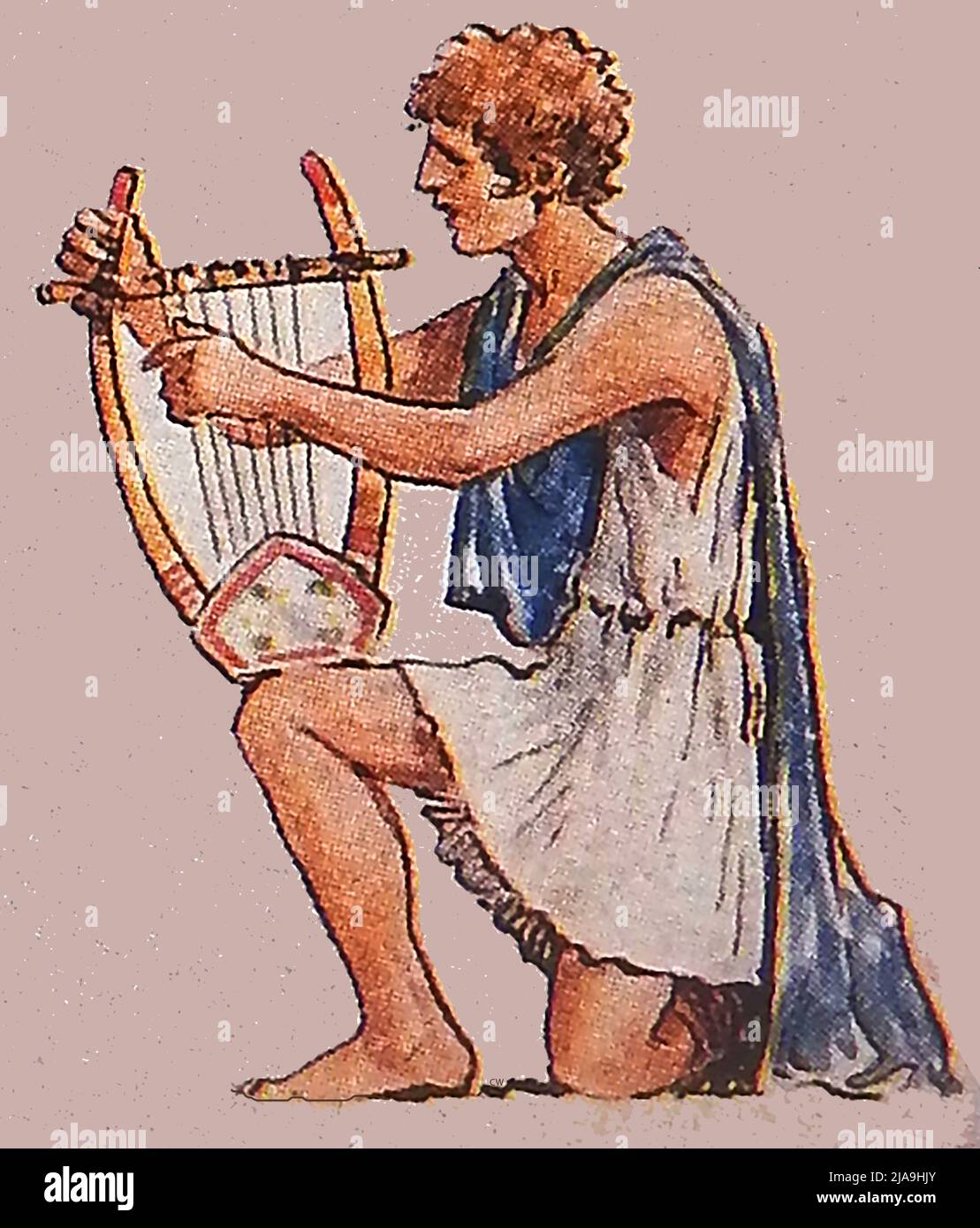 Illustration en couleur des années 1930 d'un musicien grec jouant une lyre Banque D'Images