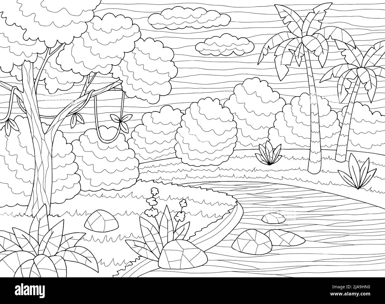 Jungle rivière coloriage graphique noir blanc paysage dessin illustration vecteur Illustration de Vecteur