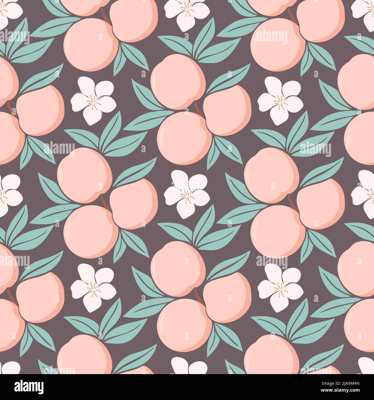 Motif feuilles et fleurs pêches sans couture. Magnifique fond floral fruité. Modèle à fleurs délicates et fruits. Imprimé pour textile, packagin Illustration de Vecteur