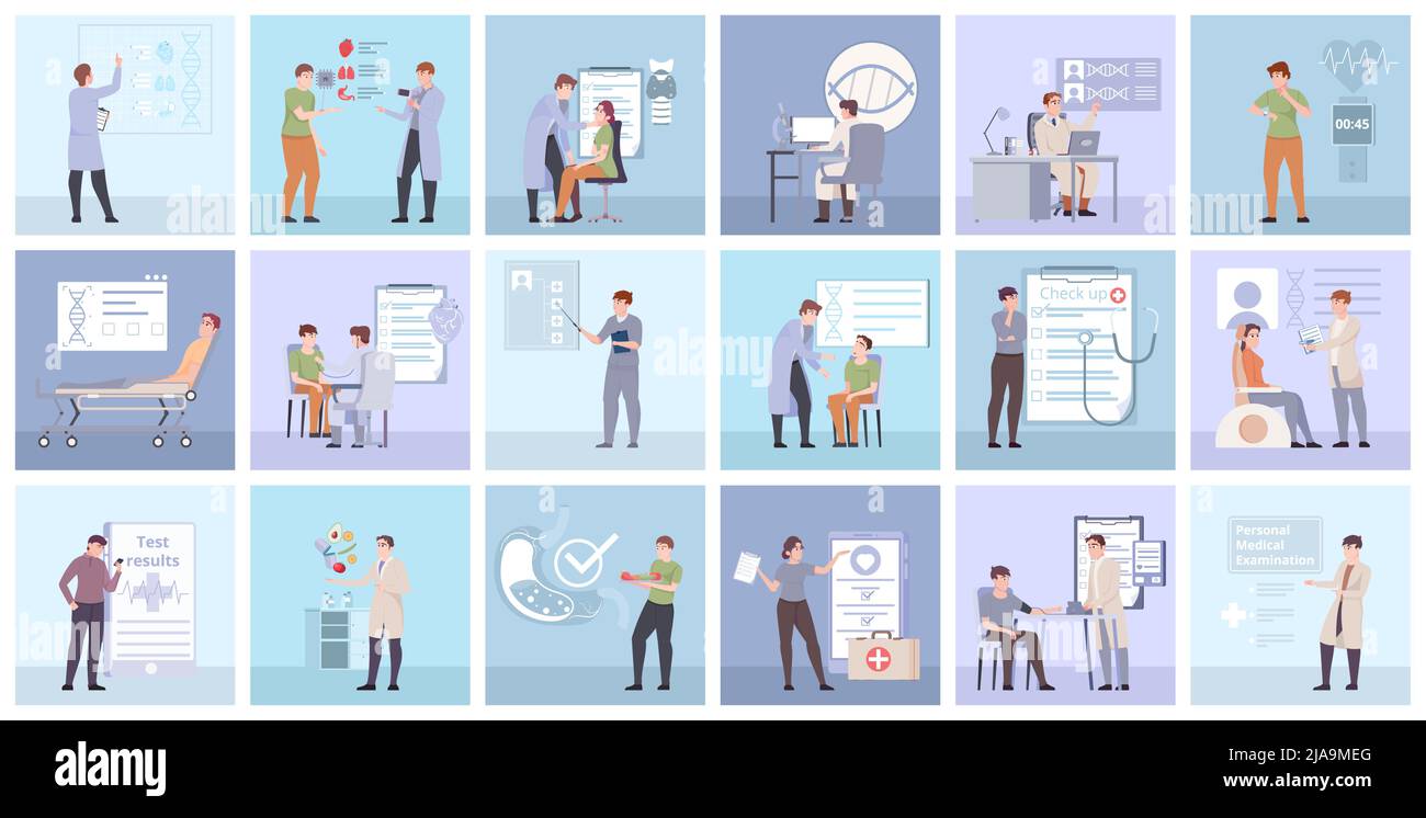 Ensemble de compositions médicales de style plat avec des médecins et des patients examen de recherche médicale illustration de vecteur isolé Illustration de Vecteur