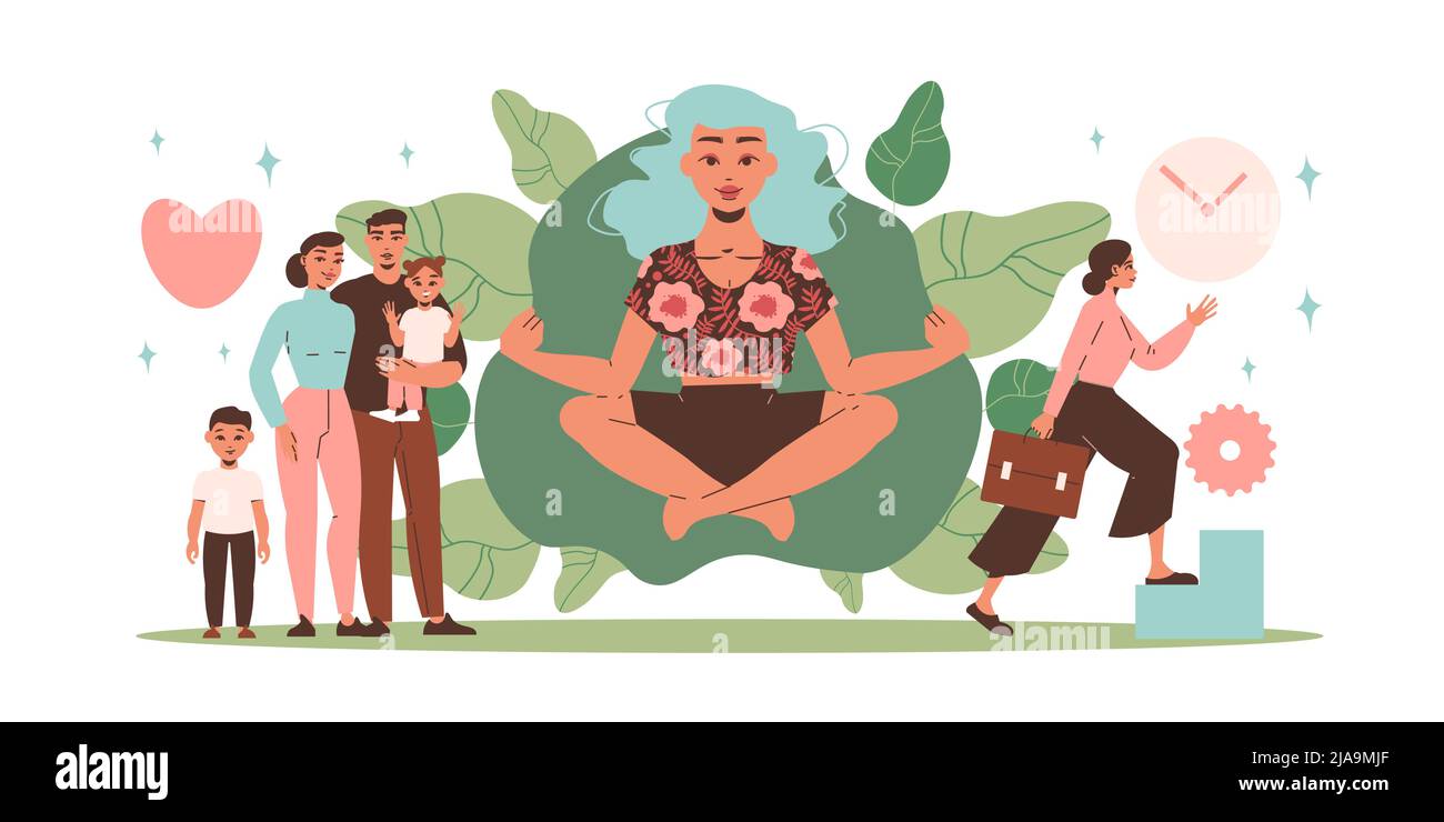 Équilibre de la vie composition plate avec drôle de famille d'affaires femme se précipitant pour travailler et fille dans lotus position illustration de vecteur Illustration de Vecteur