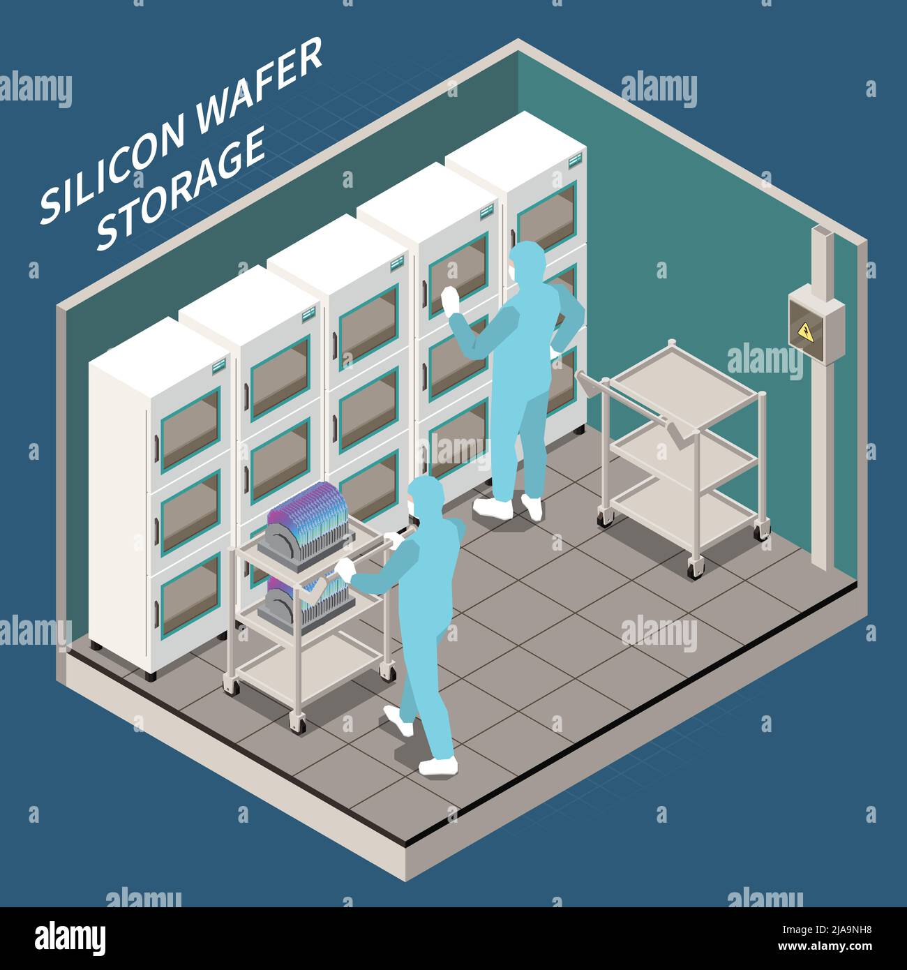 Composition de production de semi-conducteurs isométriques avec salle de stockage de plaquettes de silicium et deux ouvriers en combinaison chimique 3D illustration vectorielle Illustration de Vecteur