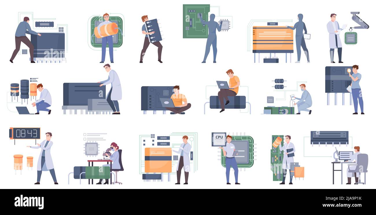 Jeu de puces micro avec symboles de processeur illustration vectorielle isolée plate Illustration de Vecteur