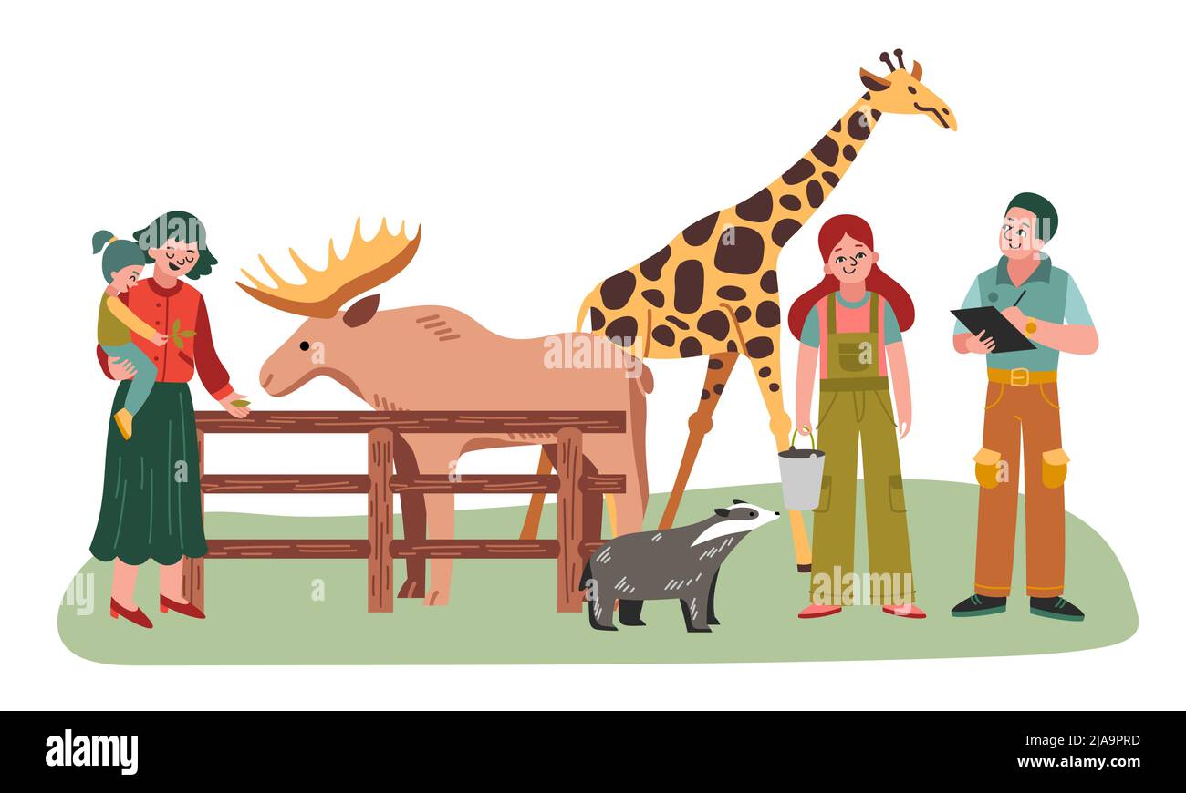 Deux zoogardiens et des visiteurs heureux de zoo nourrissant des animaux girafe d'élan et illustration de vecteur plat de raton laveur Illustration de Vecteur