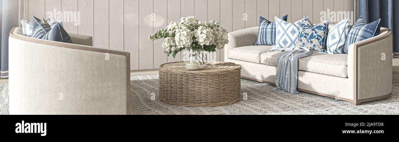 Séjour au design côtier. Mur blanc dans un intérieur confortable. Illustration de rendu Hampton style 3D. Banque D'Images