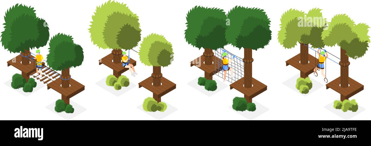 Parc d'aventure ensemble isométrique de corde de l'échelle tyrolienne et d'autres obstacles avec des éléments de la nature illustration vectorielle isolée Illustration de Vecteur