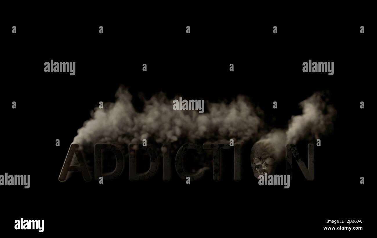 Addiction de texte avec le tabagisme de crâne sur fond noir, isolé - objet 3D illustration Banque D'Images