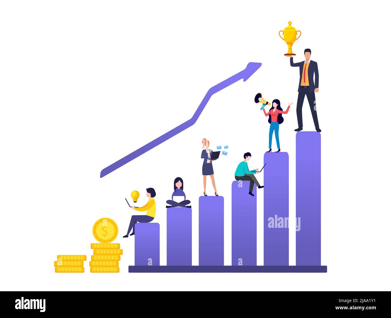 Concept de croissance de l'entreprise avec flèche et barres. Les dirigeants et les employés travaillent dur avec l'argent et la technologie et développent l'entreprise. Vecteur illus Illustration de Vecteur