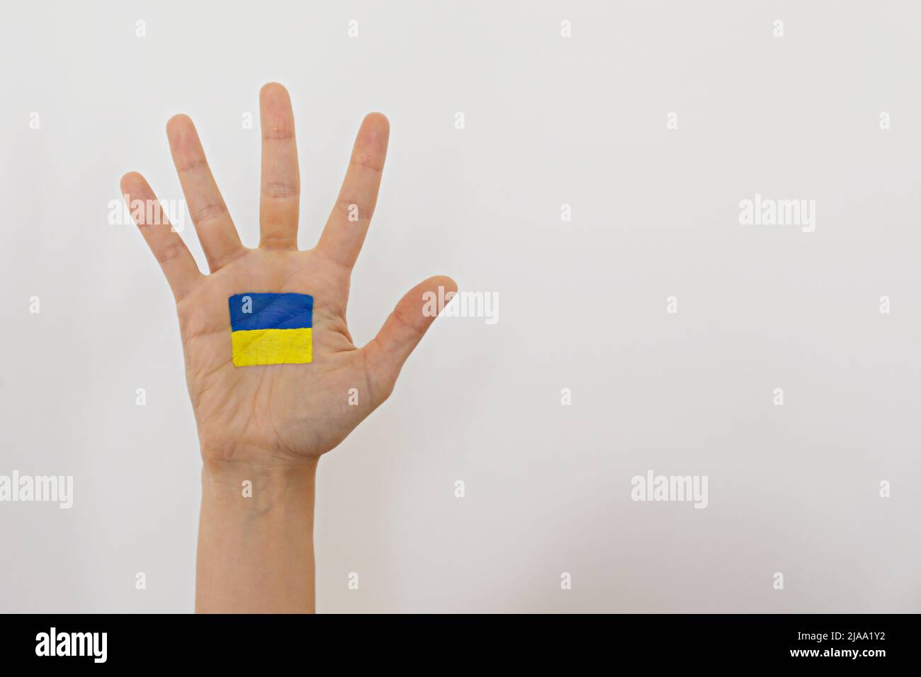 Gros plan sur la paume de la main d'une femme avec le drapeau national ukrainien dessiné dessus. Une main levée dans un soutien de l'Ukraine. Copier l'espace pour le texte, backgro Banque D'Images