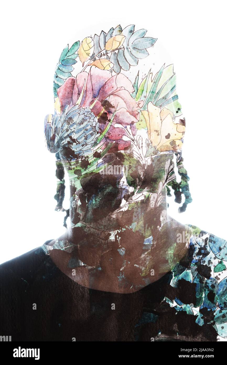Peinture. Fleurs peintes à la main combinées à un portrait Banque D'Images