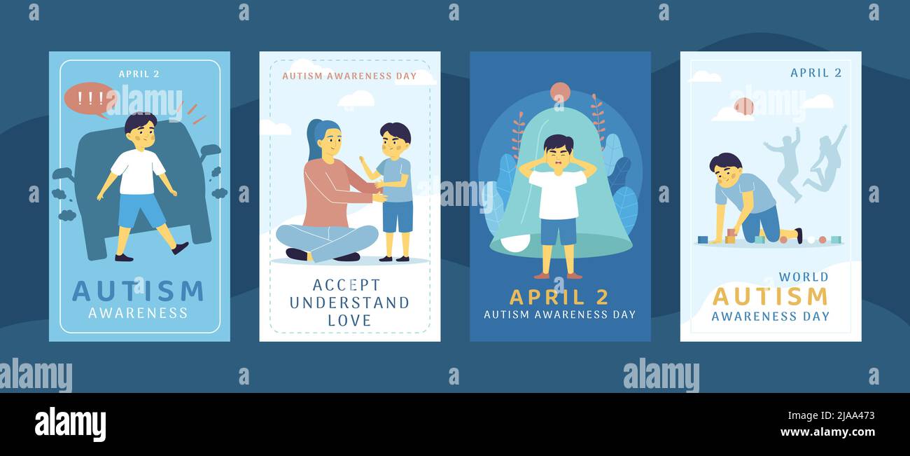 Ensemble de quatre cartes plates de la journée mondiale de sensibilisation à l'autisme isolées sur l'illustration vectorielle de fond couleur Illustration de Vecteur