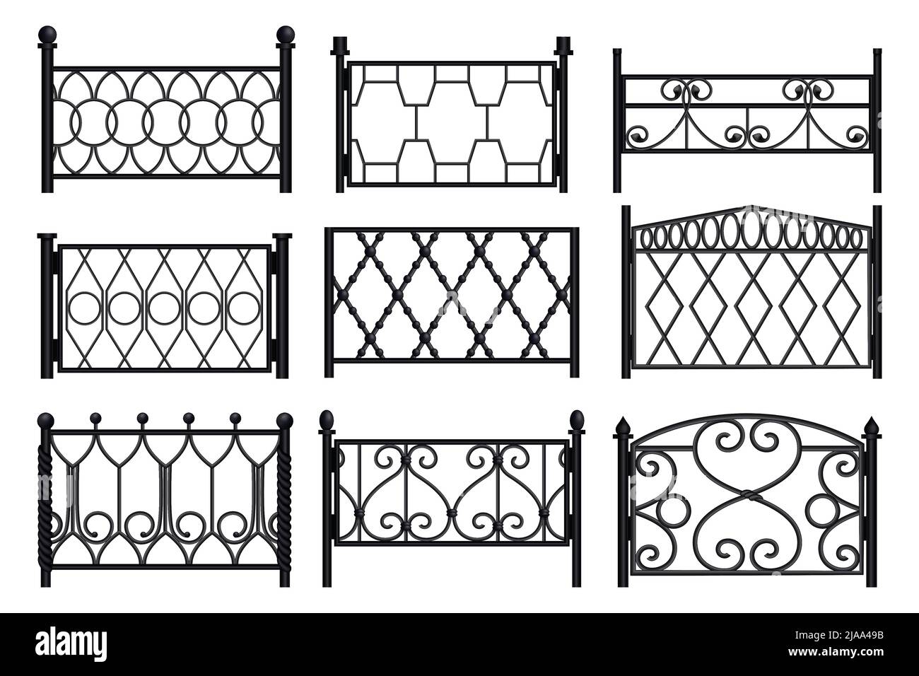 Collection monochrome de sections modulaires de balustrades de balcon en métal forgé isolé sur fond blanc illustration vectorielle réaliste Illustration de Vecteur