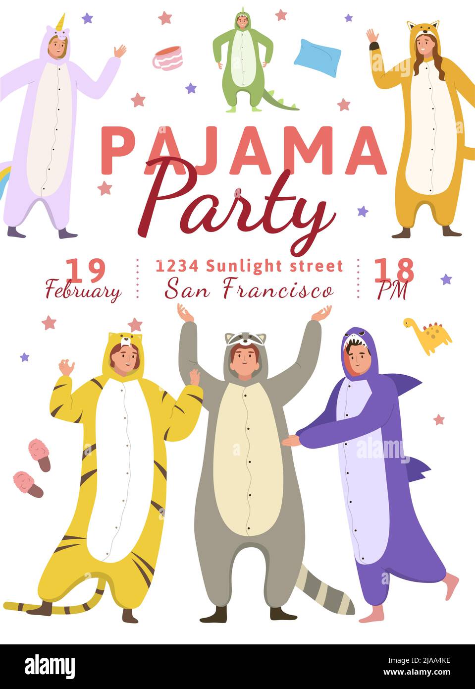 Pajama Party affiche d'invitation plate avec des personnages humains heureux portant kigurumi sur fond blanc illustration vectorielle Illustration de Vecteur