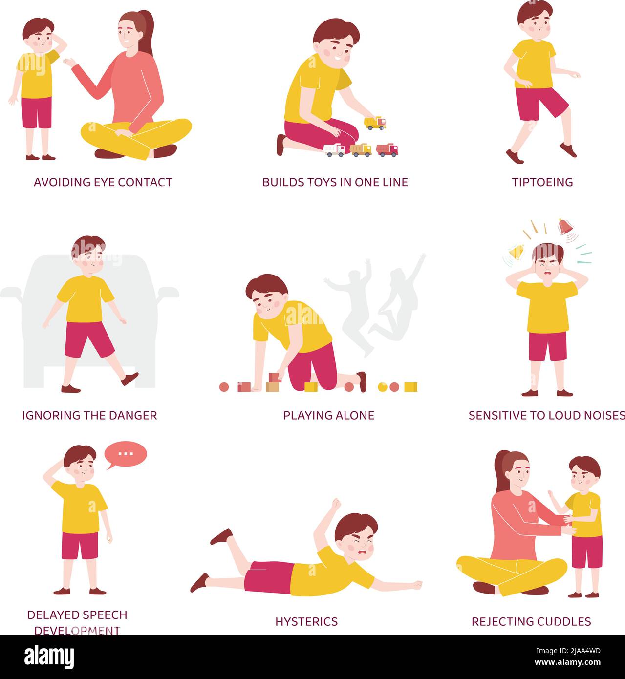 Ensemble de couleurs plates des signes d'autisme avec légendes de texte et illustration de vecteur isolé de l'enfant atteint de troubles de santé mentale Illustration de Vecteur