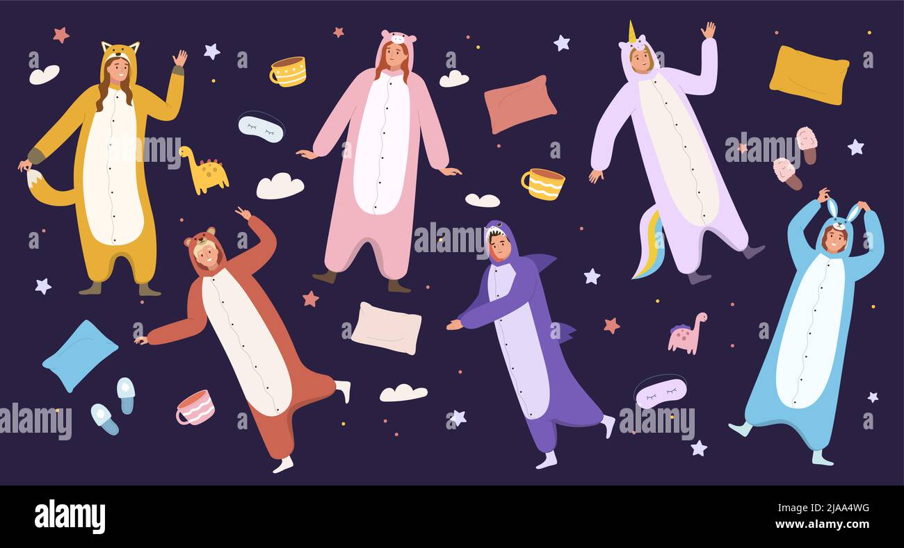 Des hommes et des femmes heureux portant un pyjama de kigurumi animaliste sur fond sombre avec des symboles de sommeil illustration vectorielle plate Illustration de Vecteur