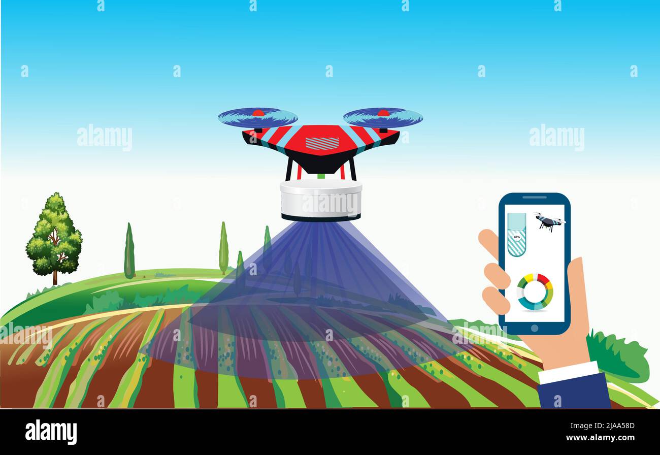 Illustration de l'agriculture par drone. Agriculture avec drone utilisant un smartphone et un ordinateur portable. Liste des données du tracé. Illustration de Vecteur