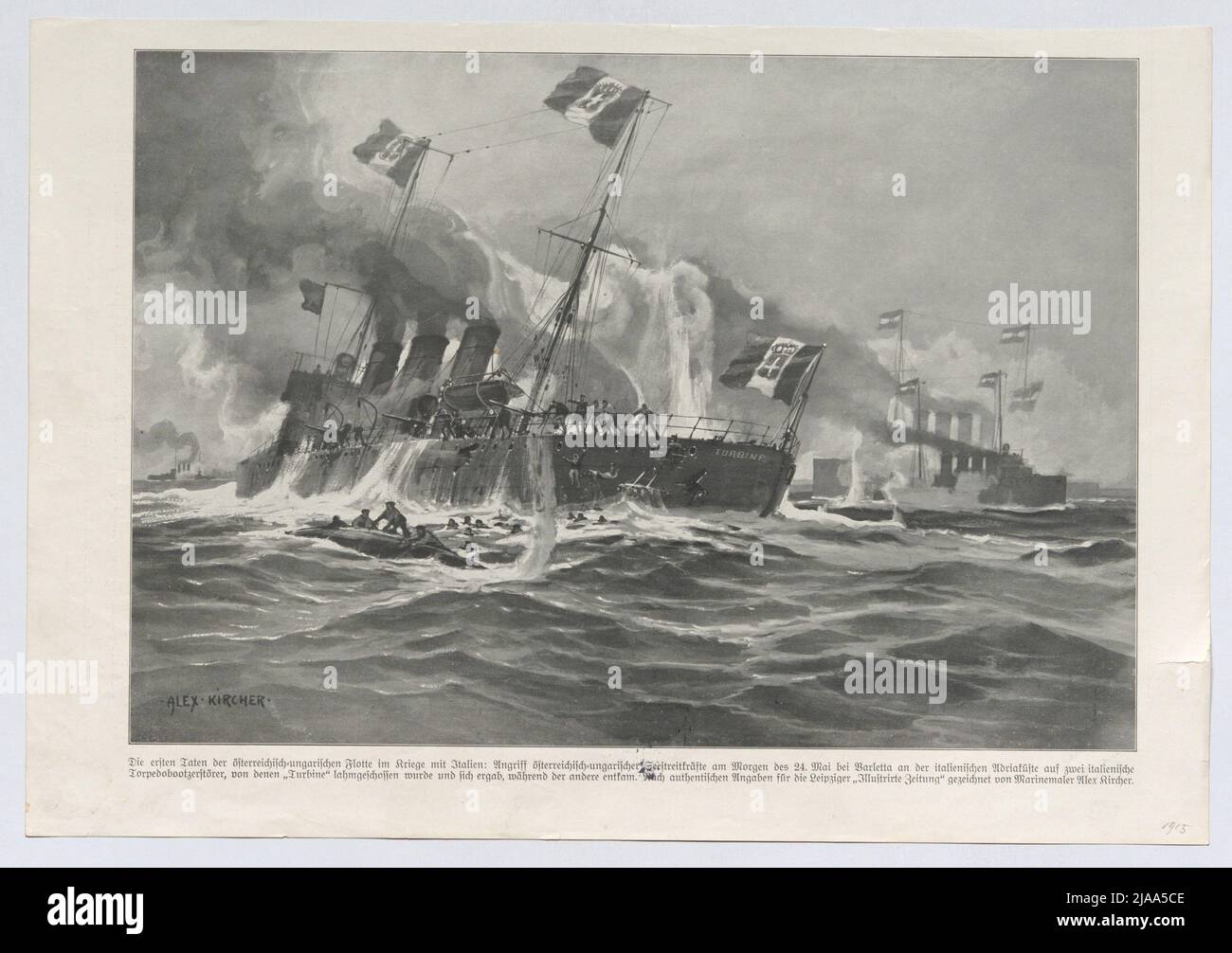 Extrait de la Leipziger 'Illustrated Zeitung' n° 3753 du 3 juin 1915, page 667: Attaque de la marine autrichienne-hongroise près de Barletta sur deux torpedoobootzerstörer italiens. Après : Alex Kircher (1867-1939), tiroir Banque D'Images
