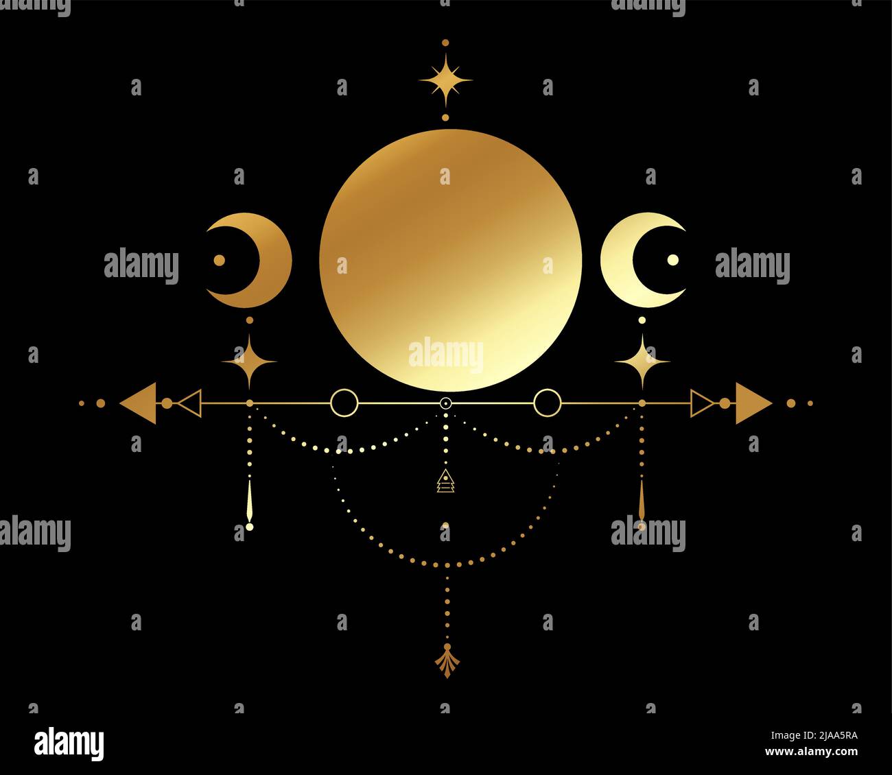 Triple Lune, géométrie sacrée, flèches mystiques et croissant de lune, lignes pointillées en style boho, icône wiccan, signe d'or mystique ésotérique alchimie Illustration de Vecteur