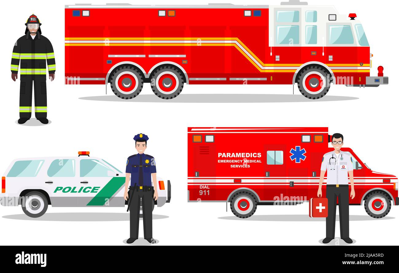 Illustration détaillée d'un pompier, d'un médecin urgentiste, d'un policier avec camion d'incendie, d'une ambulance et d'une voiture de police de style plat sur fond blanc. Illustration de Vecteur