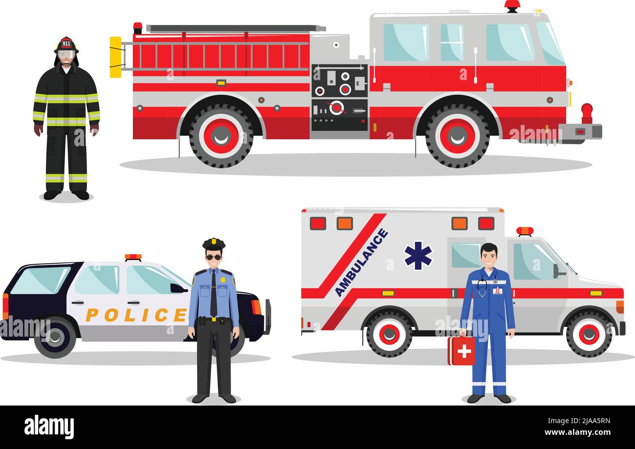 Illustration détaillée d'un pompier, d'un médecin urgentiste, d'un policier avec camion d'incendie, d'une ambulance et d'une voiture de police de style plat sur fond blanc. Illustration de Vecteur