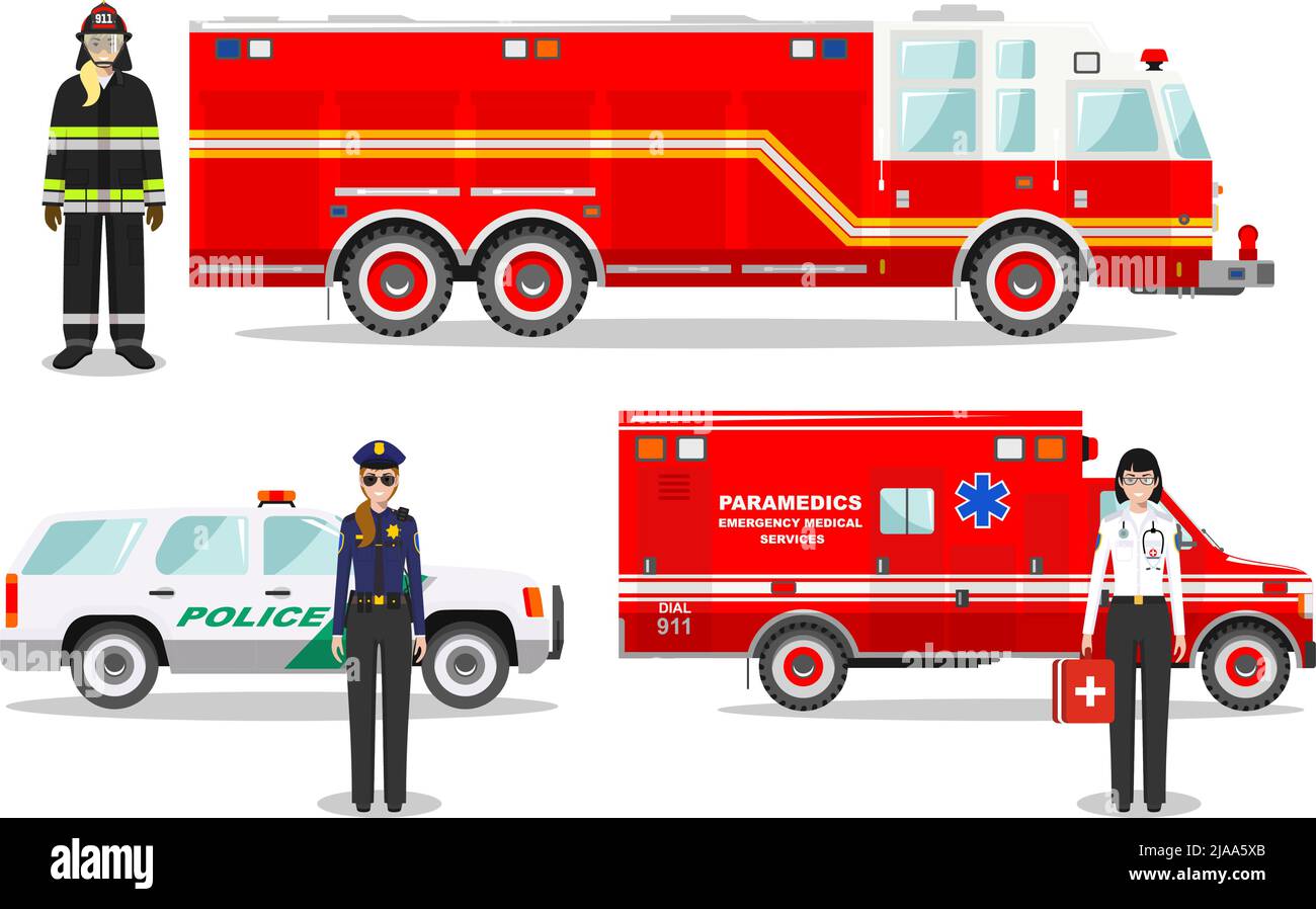 Illustration détaillée d'un pompier, d'un médecin urgentiste, d'un policier avec camion d'incendie, d'une ambulance et d'une voiture de police de style plat sur fond blanc. Illustration de Vecteur