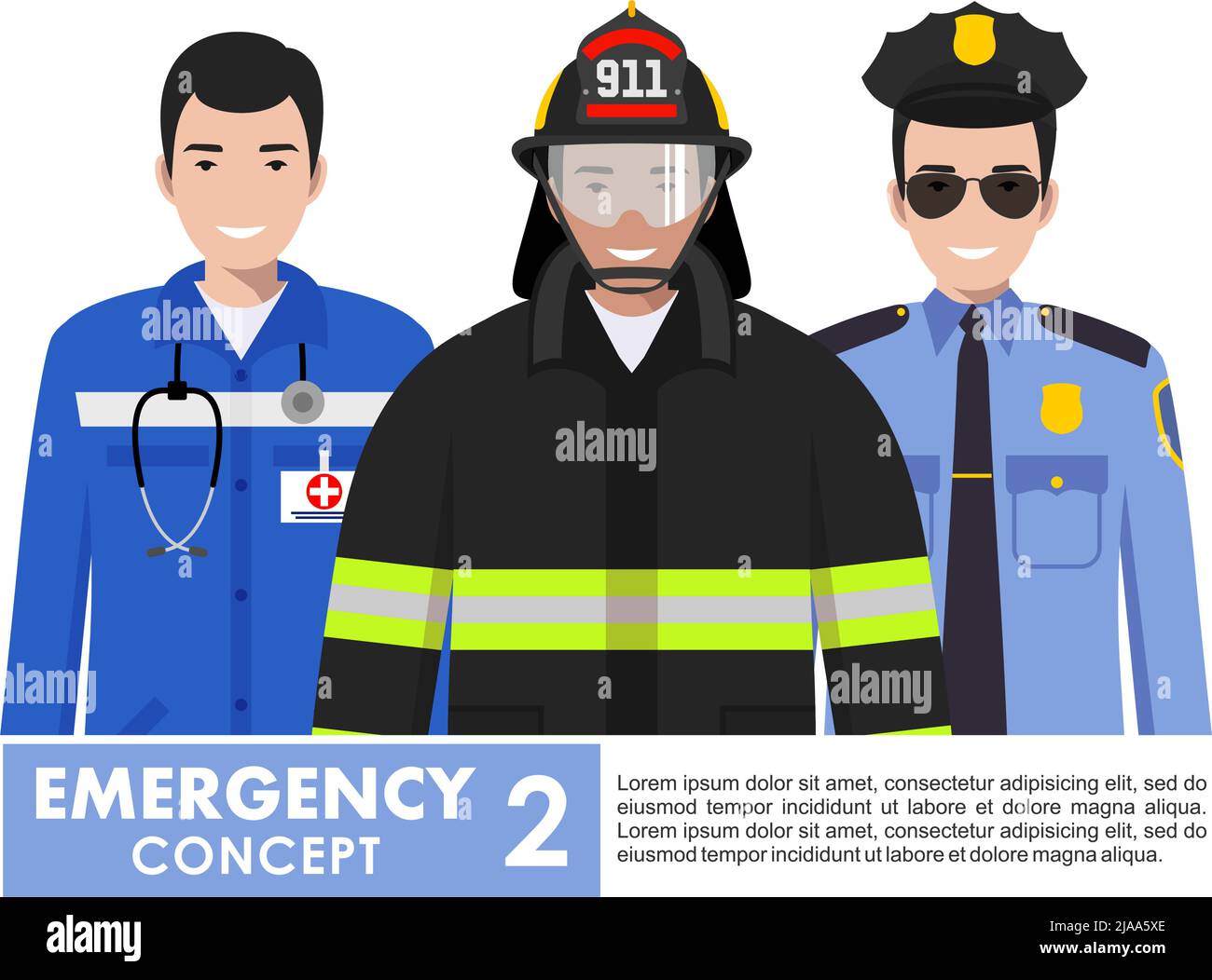 Illustration détaillée d'un pompier, d'un médecin urgentiste, d'un policier debout ensemble dans un style plat sur fond blanc. Illustration de Vecteur