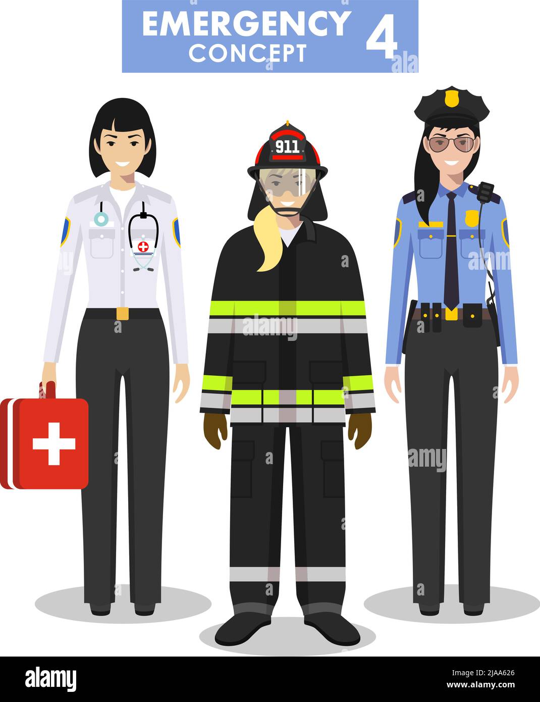 Illustration détaillée d'un pompier féminin, d'un médecin urgentiste, d'un policier de style plat sur fond blanc. Illustration de Vecteur