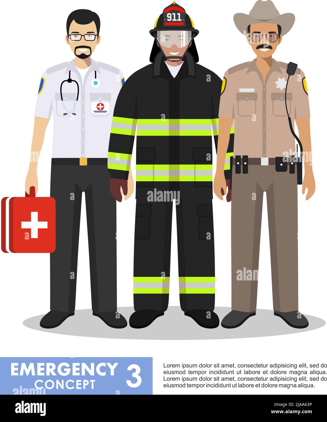 Illustration détaillée d'un pompier, d'un médecin urgentiste, d'un policier en uniforme debout ensemble dans un style plat sur fond blanc. Illustration de Vecteur