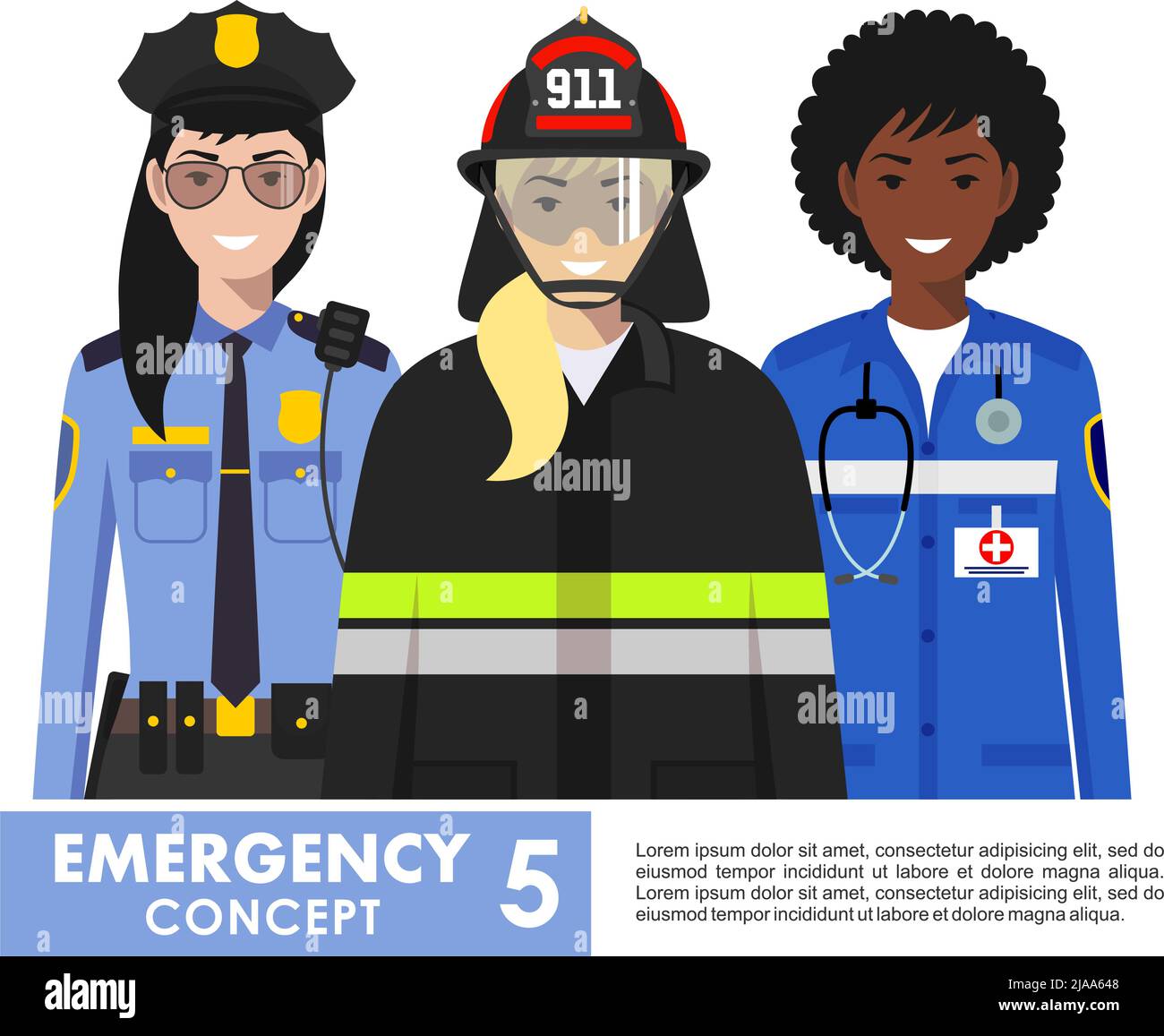 Illustration détaillée d'un pompier féminin, d'un médecin urgentiste, d'un policier de style plat sur fond blanc. Illustration de Vecteur