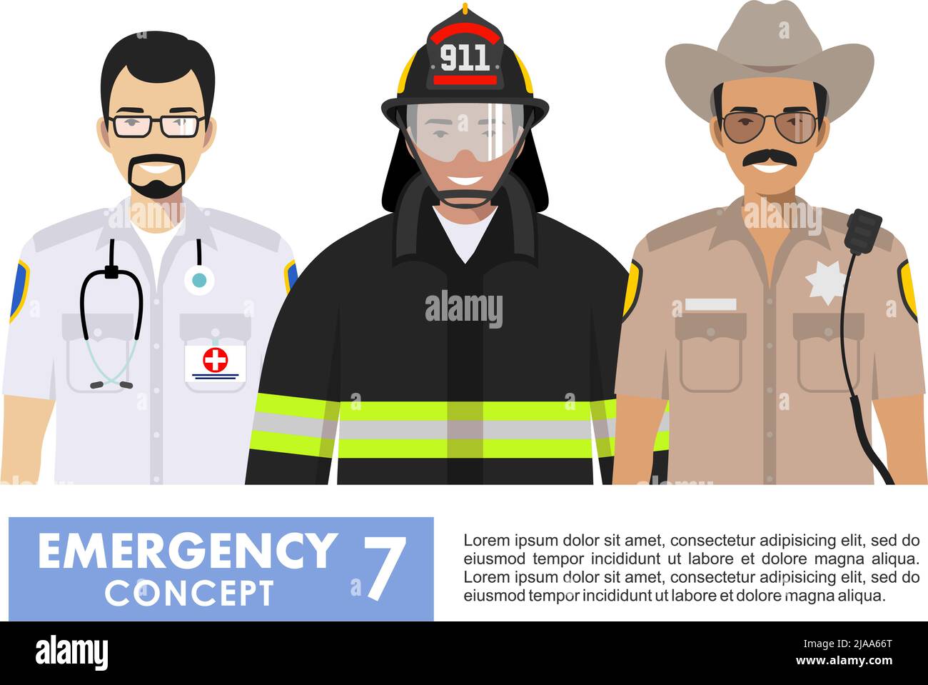 Illustration détaillée d'un pompier, d'un médecin urgentiste, d'un policier en uniforme debout ensemble dans un style plat sur fond blanc. Illustration de Vecteur