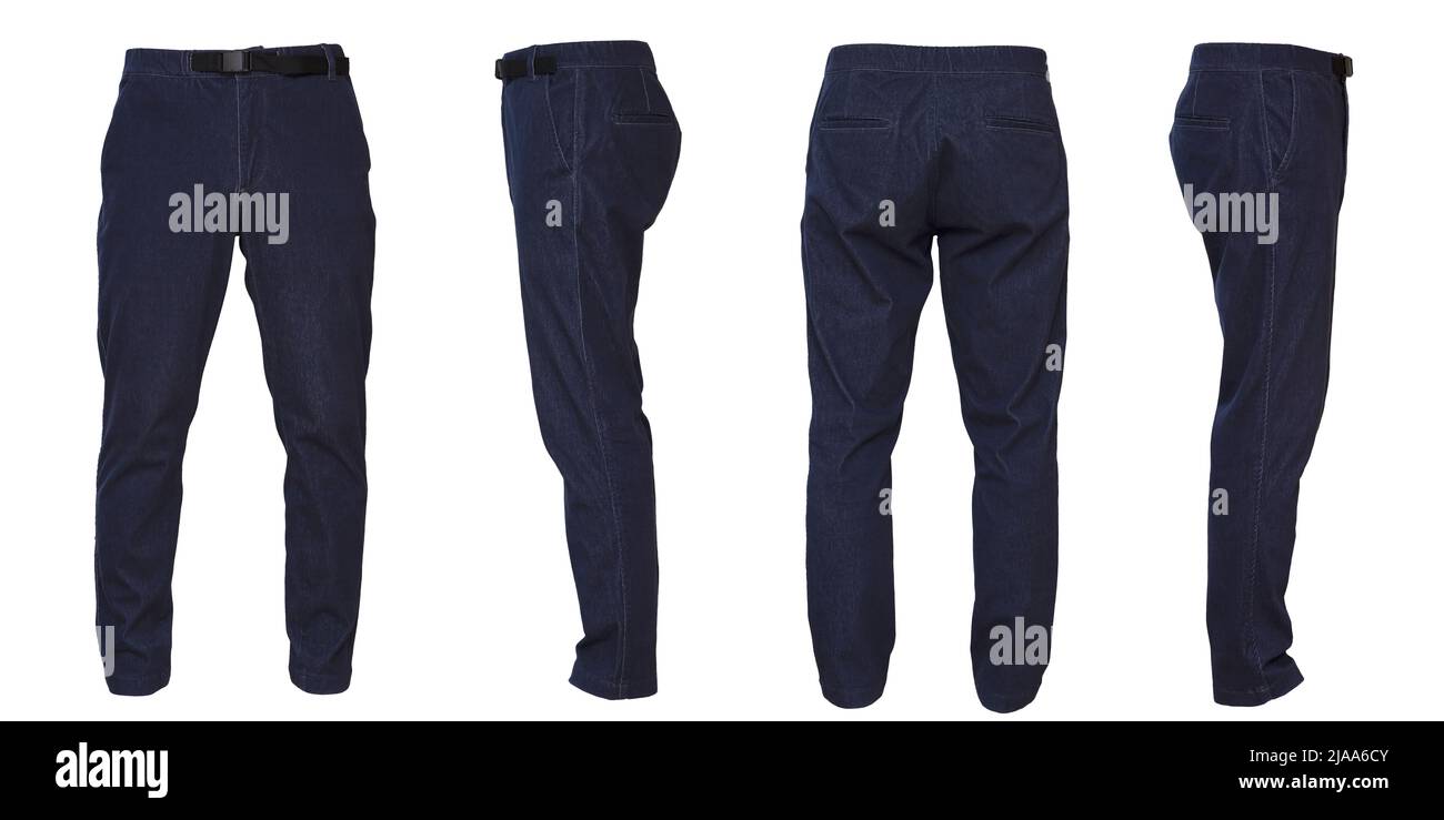 Pantalon d'escalade bleu marine sur fond blanc avant, latéral, arrière découpé Banque D'Images